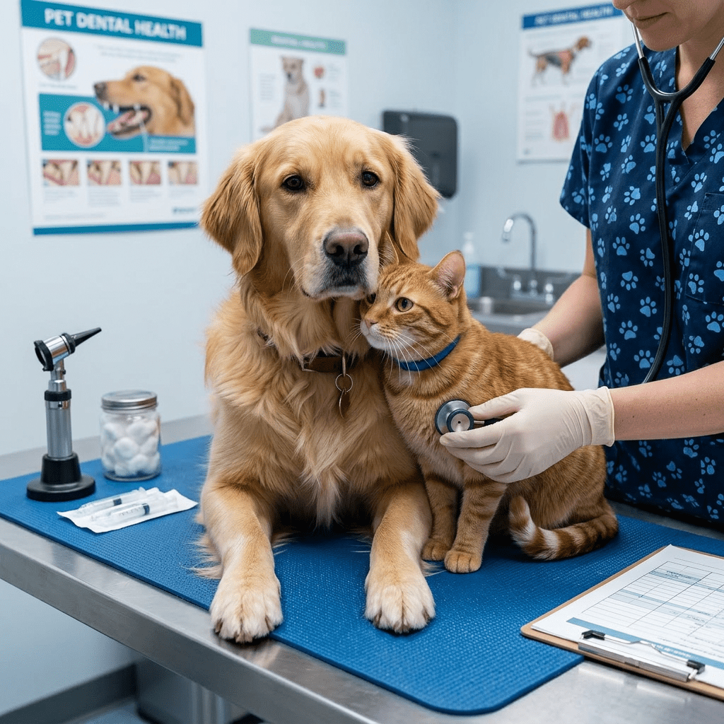 Veterinarian using stethoscope to listen to a cat's chest with a dog sitting next to the cat on an examination table